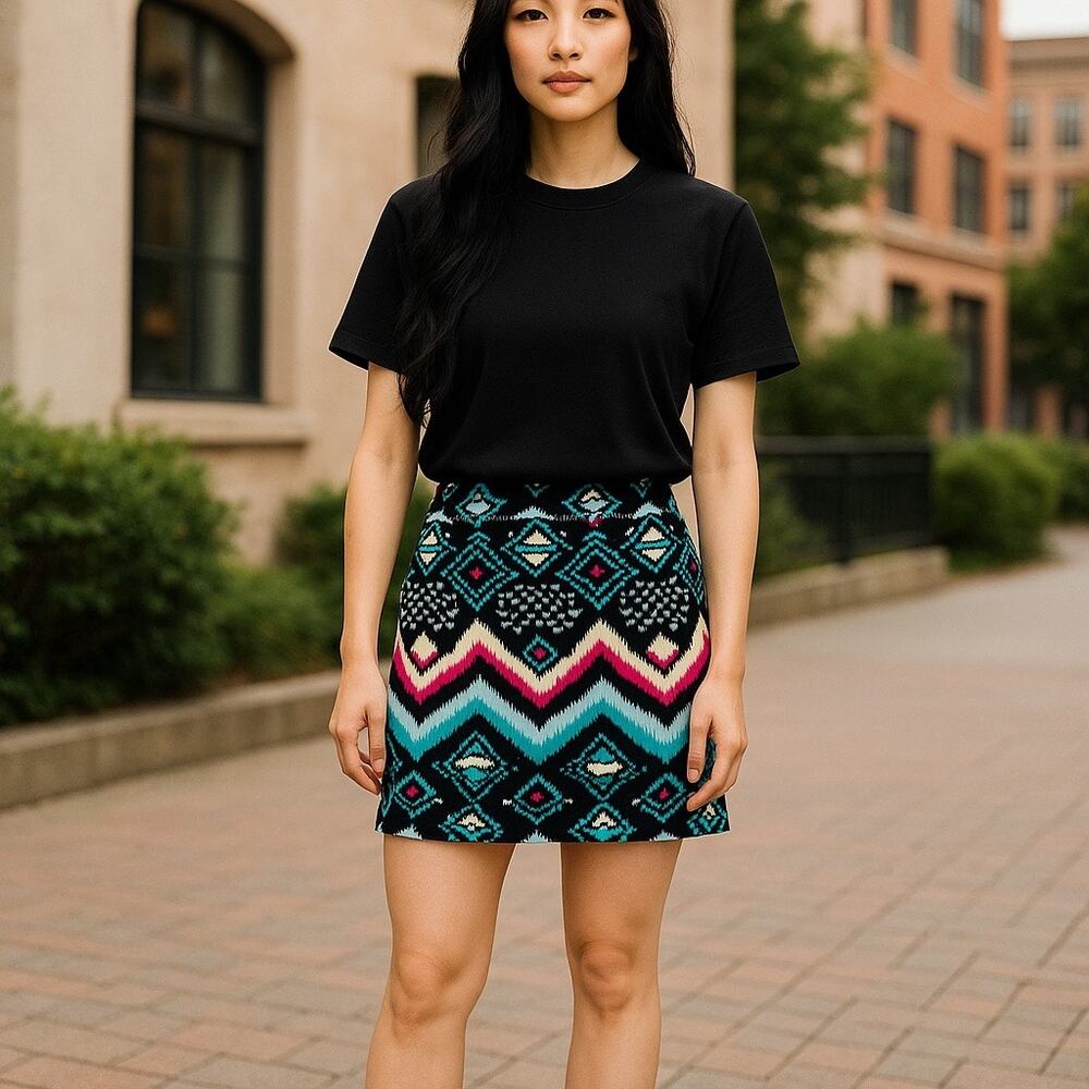 Annabella Francesca's Tribal Ikat‎ Mini Skirt Black Turquoise Pink Size S NEW